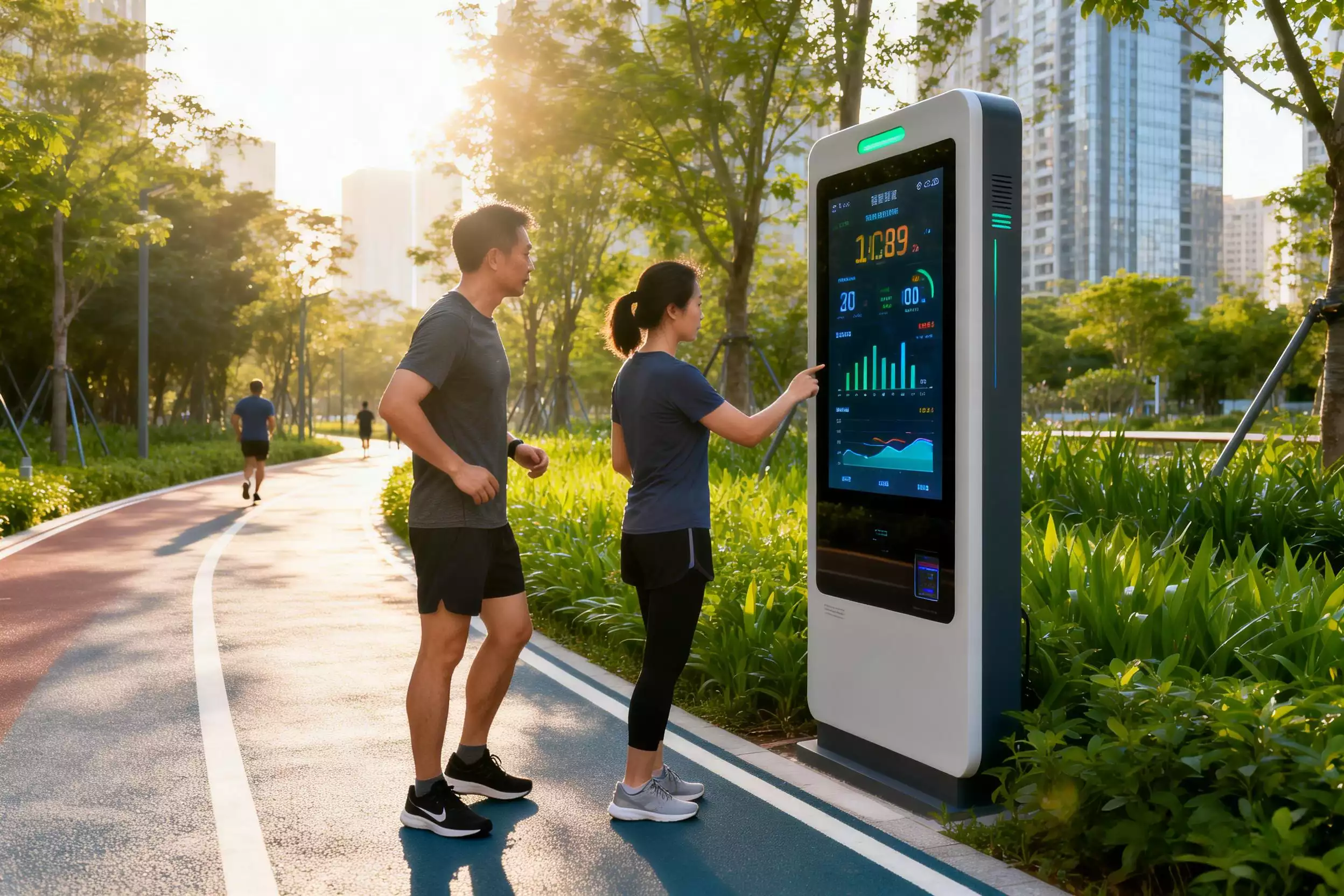 jimeng-2026-04-02-4213-真实城市智慧步道场景，市民在智能大屏前查看运动数据，阳光绿植背景，生活化氛围，高....webp