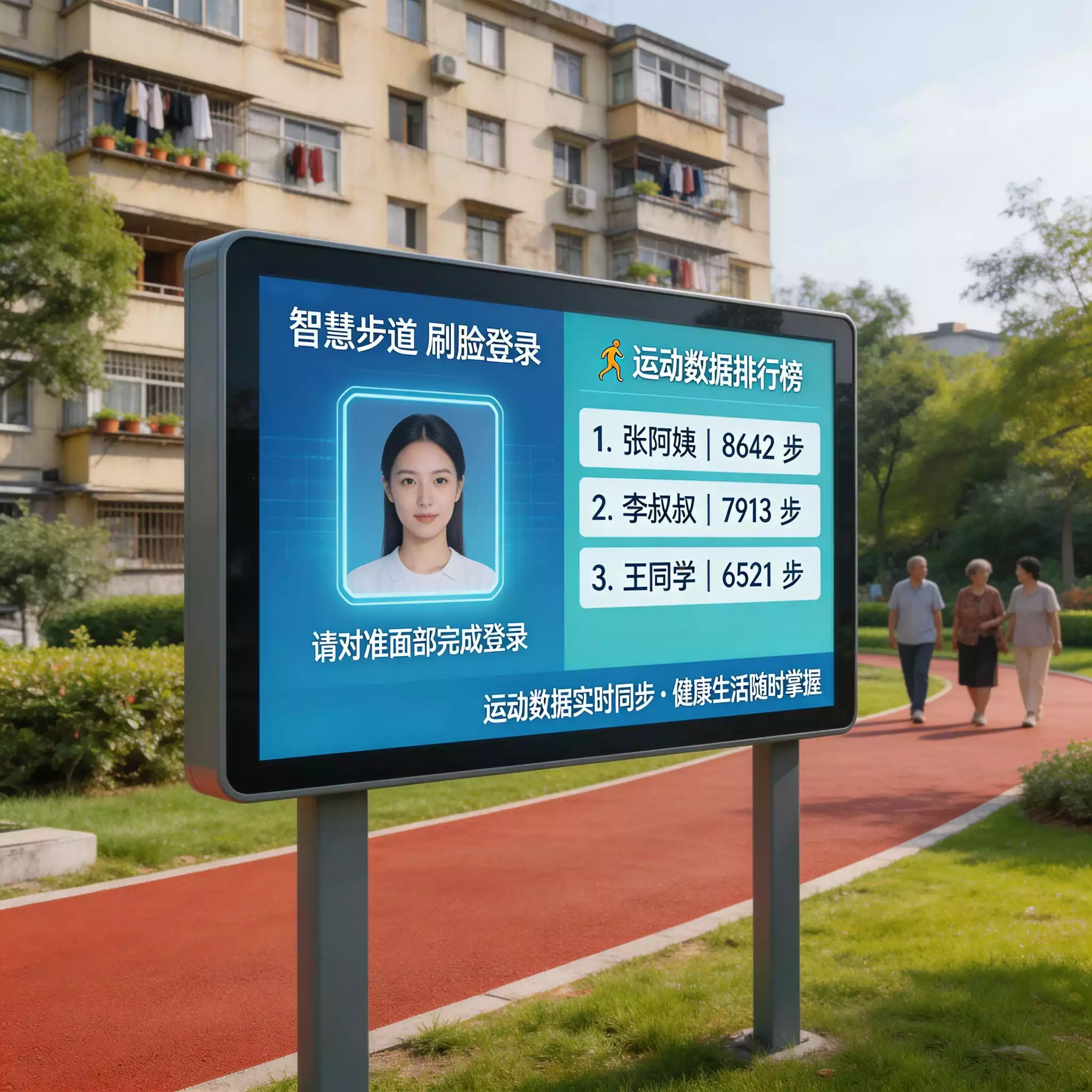 jimeng-2026-04-09-2566-老旧小区旁边角地智慧步道特写，刷脸登录界面、运动数据排行榜，背景是居民楼与绿化，....webp