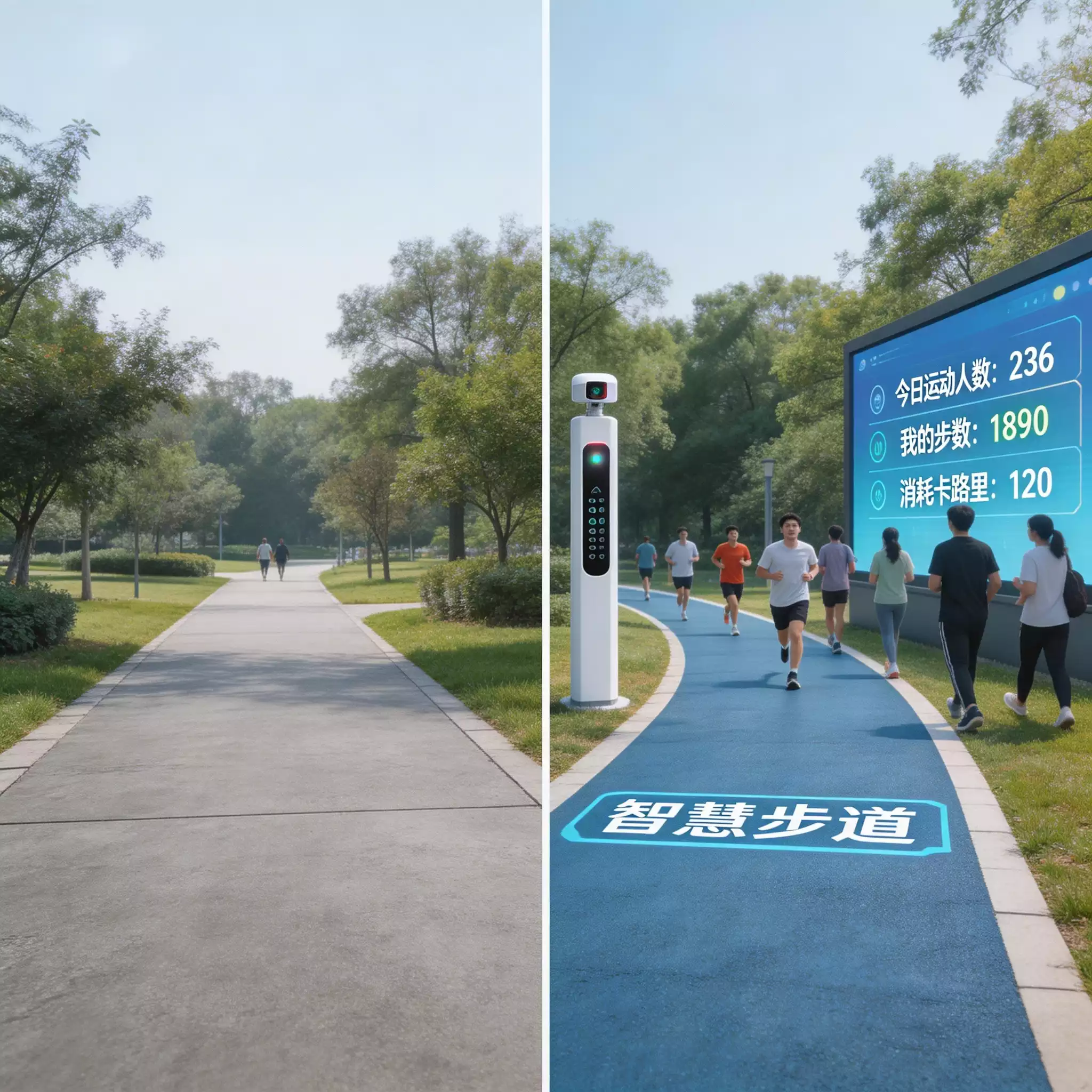 jimeng-2026-04-10-6625-左右分屏对比,左侧传统公园普通步道冷清无亮点,右侧智慧步道搭配AI采集柱、互动大....webp